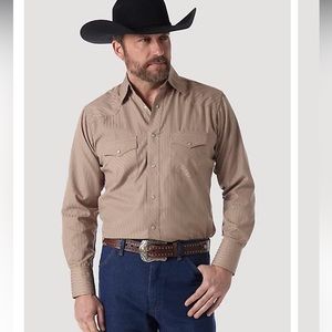 Wrangler Western Dark Tan Long Sleeve Pearl Snap Stripe Shirt Size Large